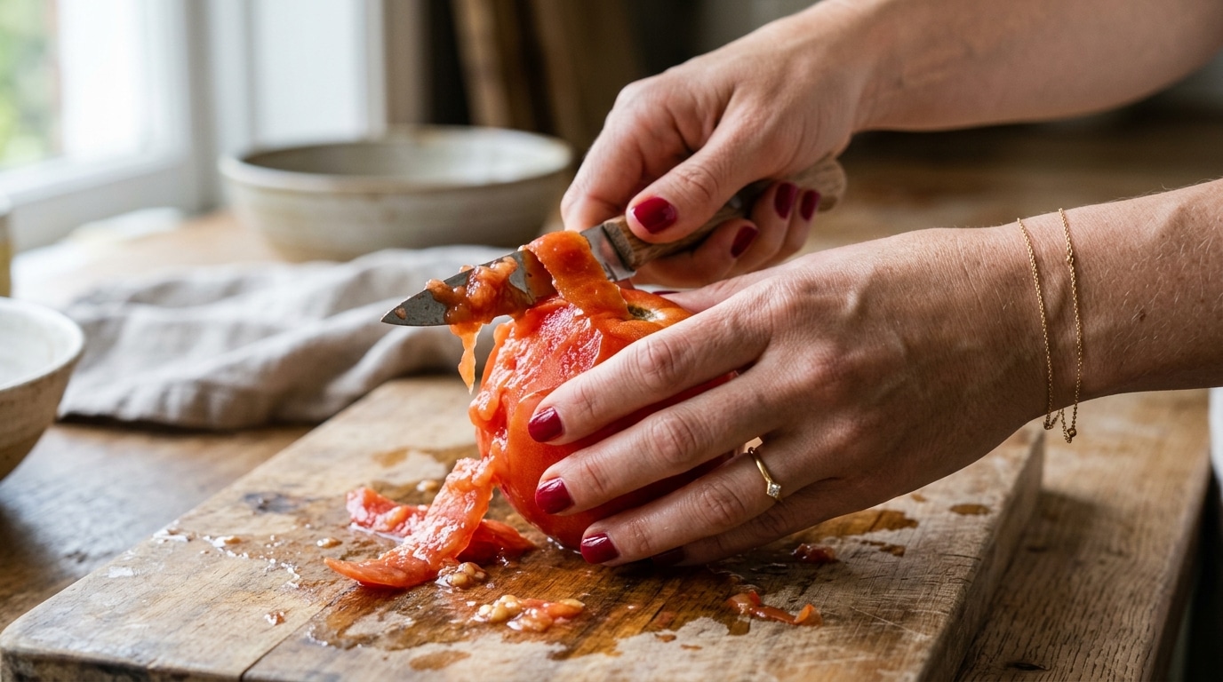 Fini le couteau qui déchire les tomates : ce geste de 30 secondes fait glisser la peau toute seule