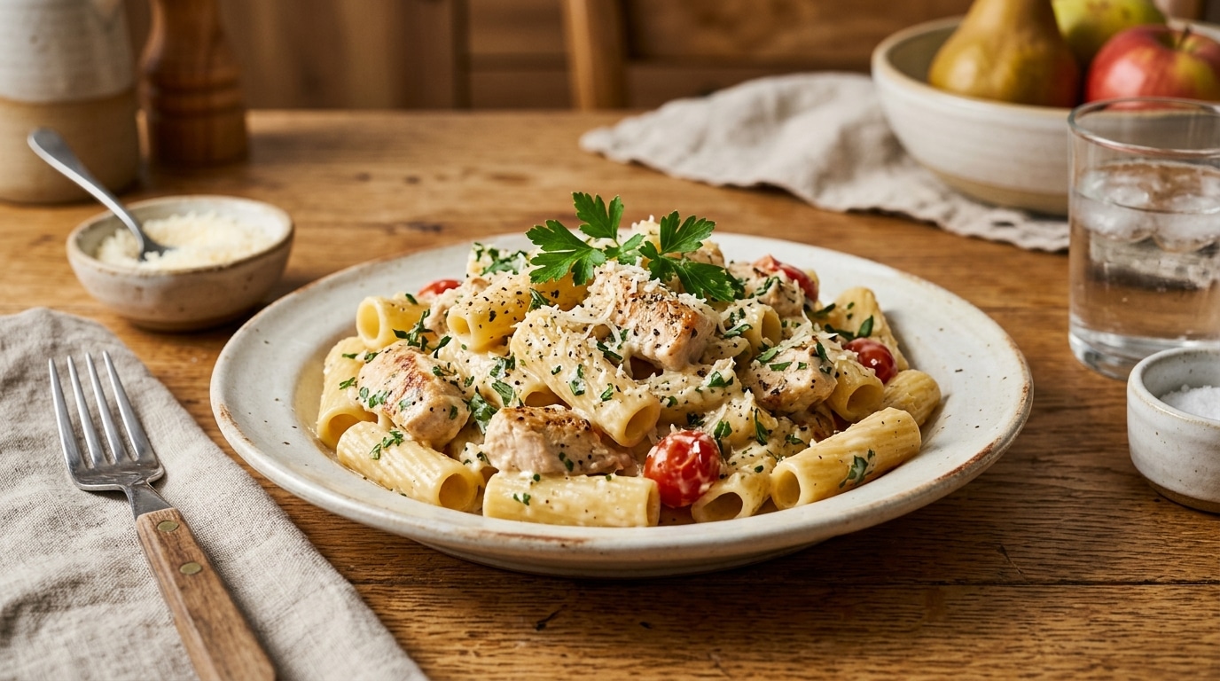 Fini les plats livrés le mardi soir : ces pâtes au poulet nappées d&rsquo;une sauce fondante sont prêtes avant la table mise