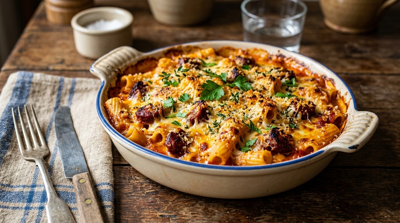 J’ai enfourné mon gratin de pâtes au chorizo un soir de rentrée juste parce que j’étais pressée : il est sorti avant que la table soit mise