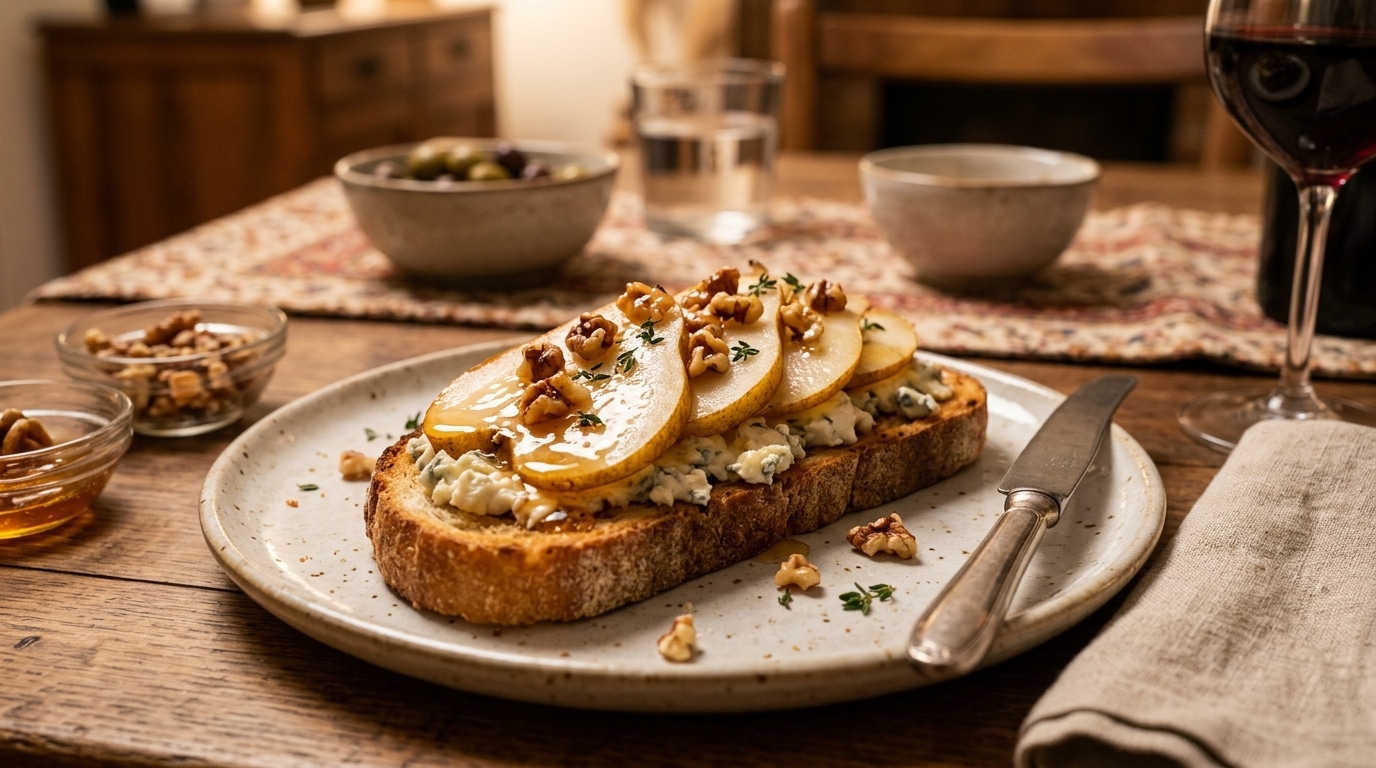 Mon frère ajoute toujours une touche sucrée sur ses tartines au gorgonzola et ce n’est pas la poire